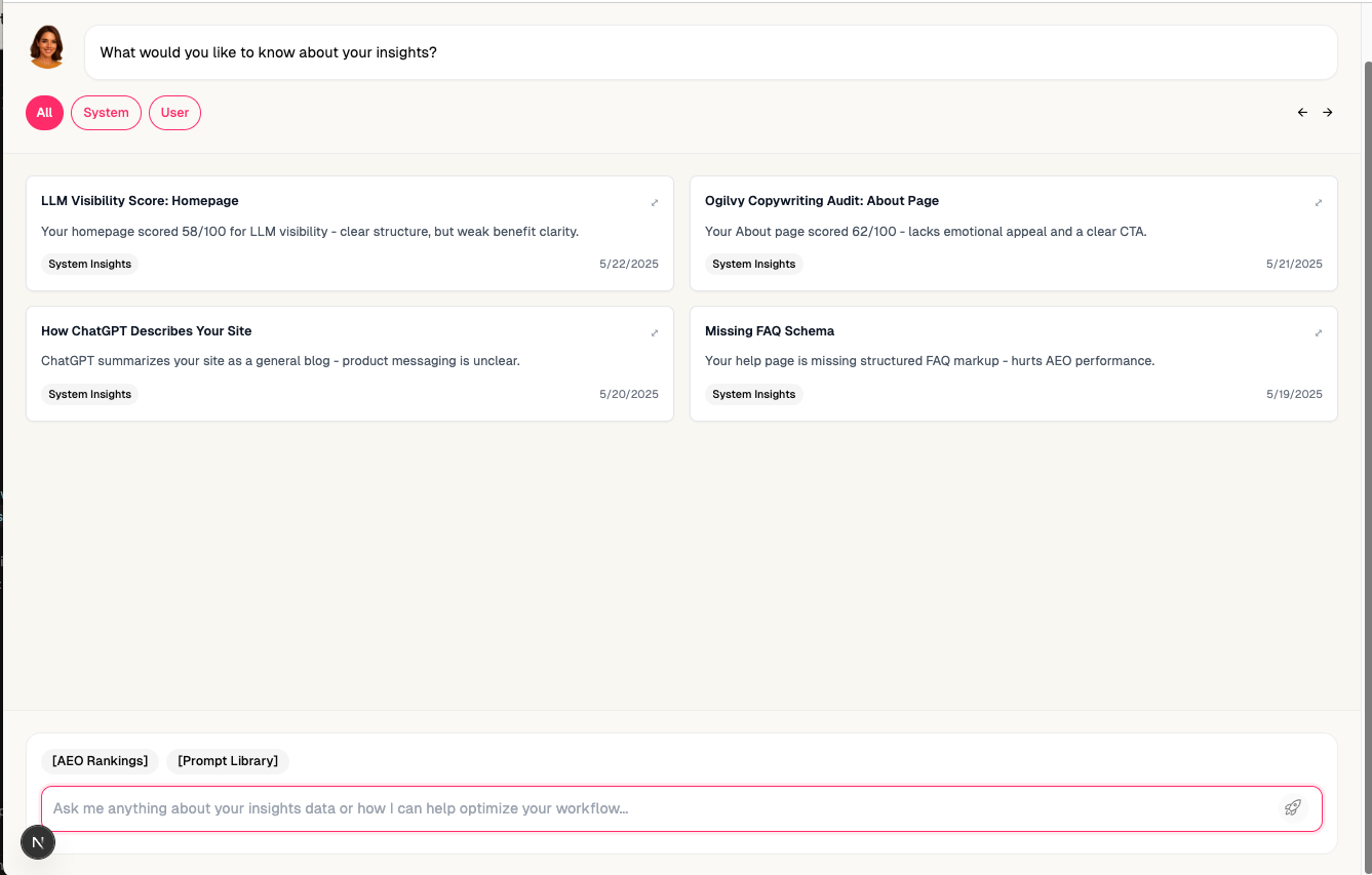 ContextRocket dashboard showing LLM visibility metrics and answer quality analysis
