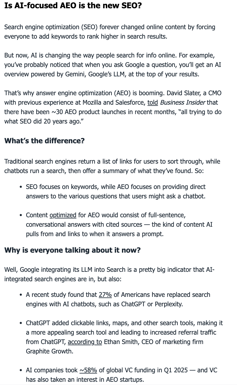 The Hustle newsletter with the subject line SEO is AEO now