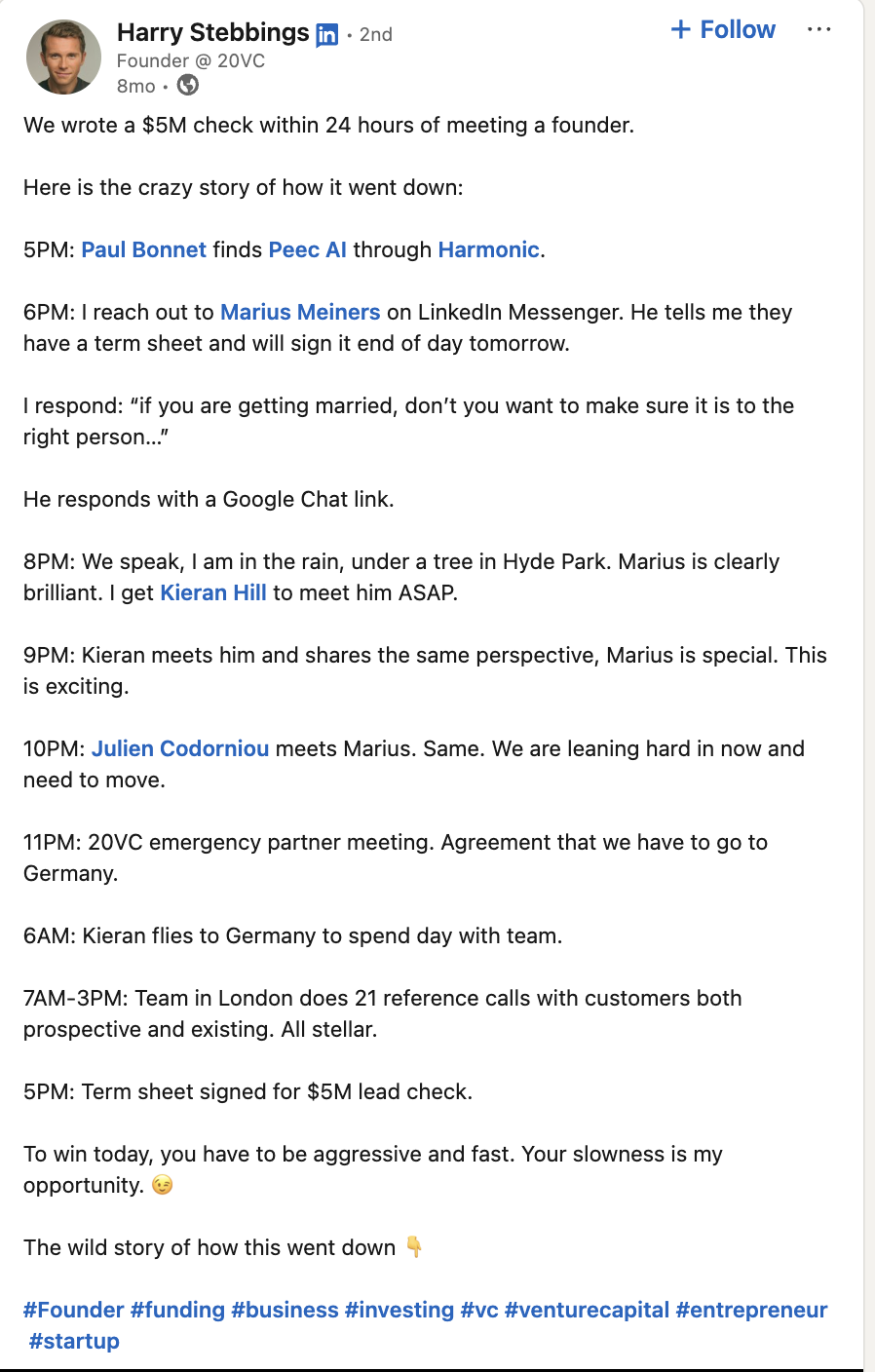 Harry Stebbings announcing $5M investment in PEEC.ai