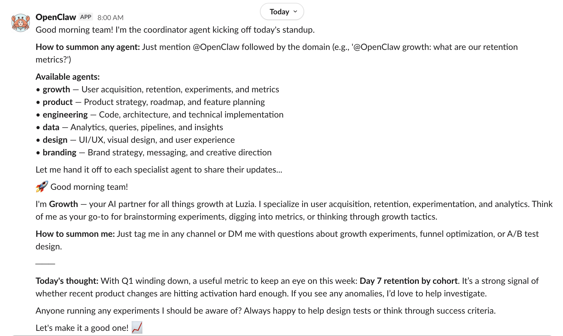OpenClaw coordinator and specialist agents running standup workflow in Slack at Luzia
