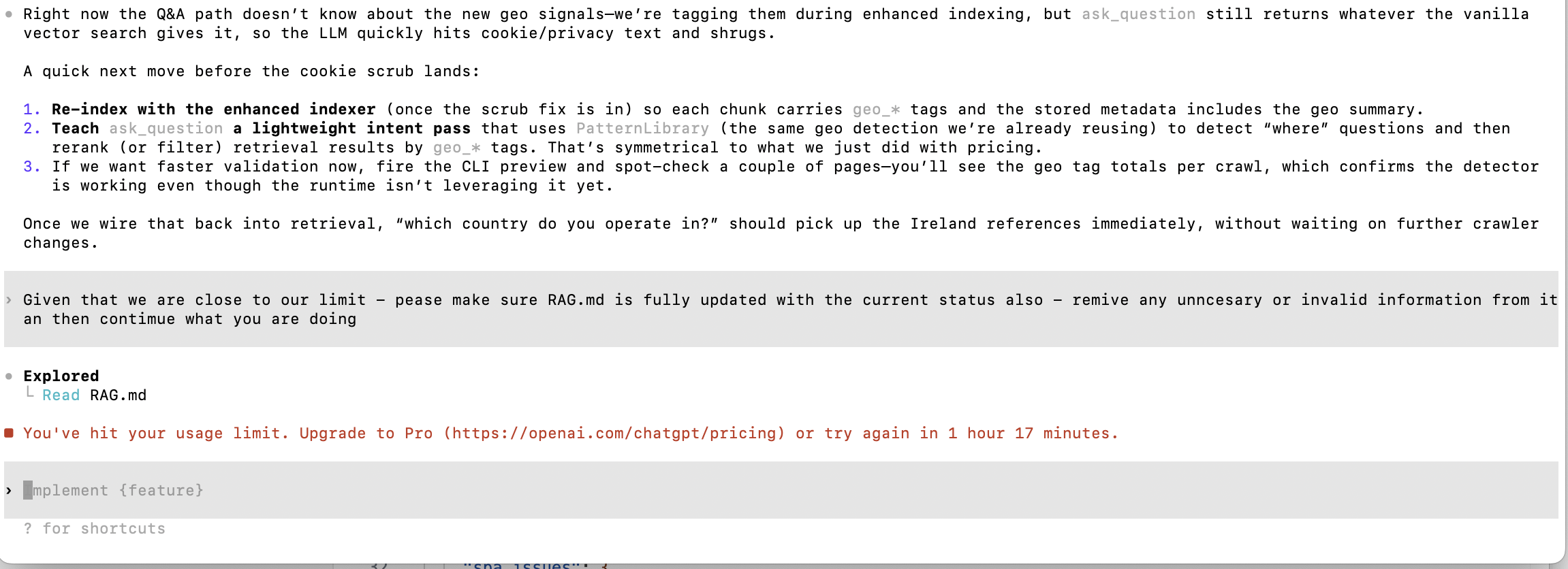 Codex hitting usage or context limit before finishing documentation update