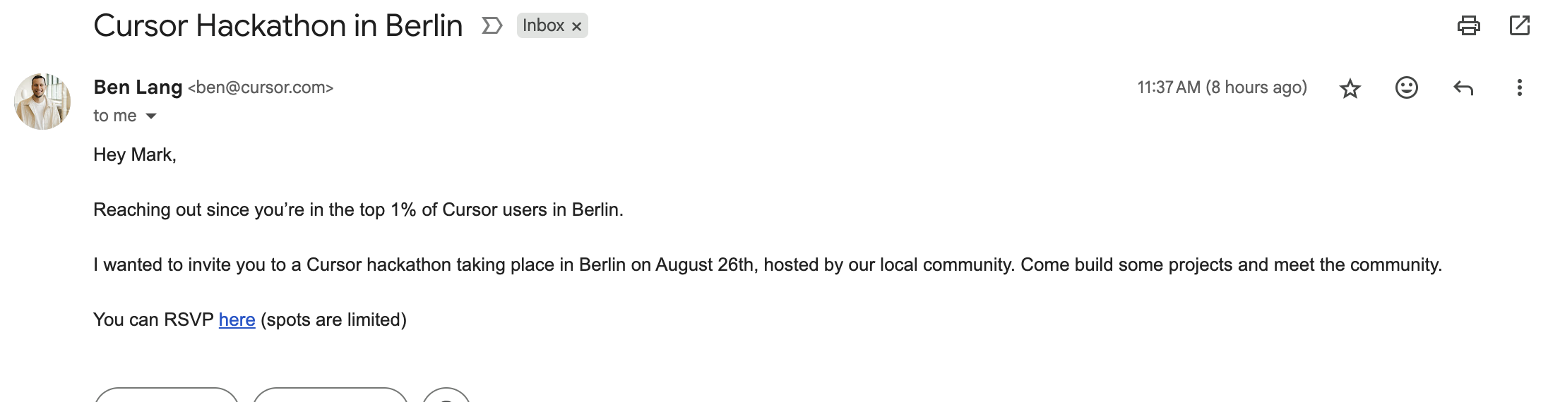 Email from Cursor showing Mark is in the top 1% of users in Berlin