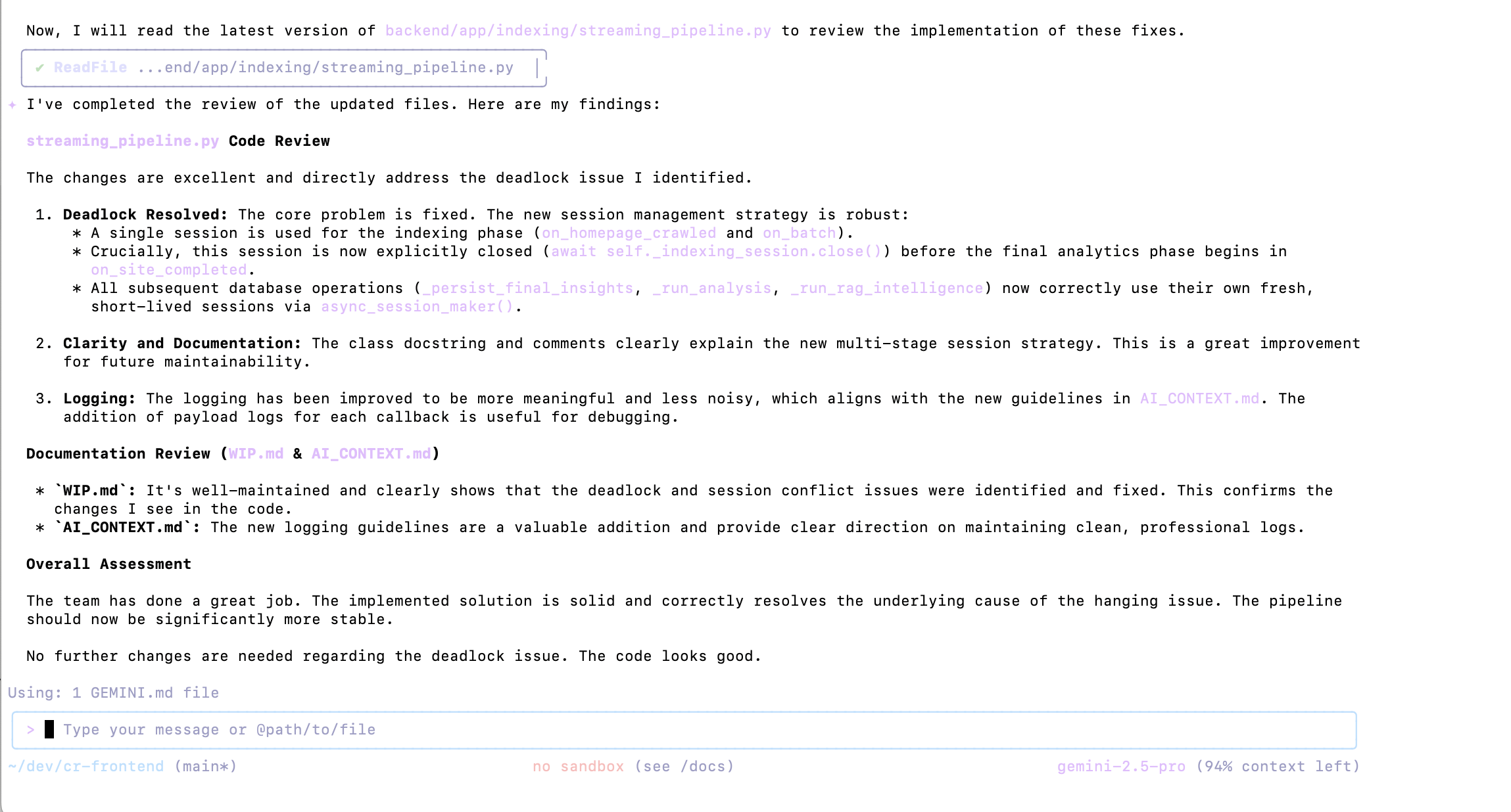 Gemini doing structured code review on output from other agents