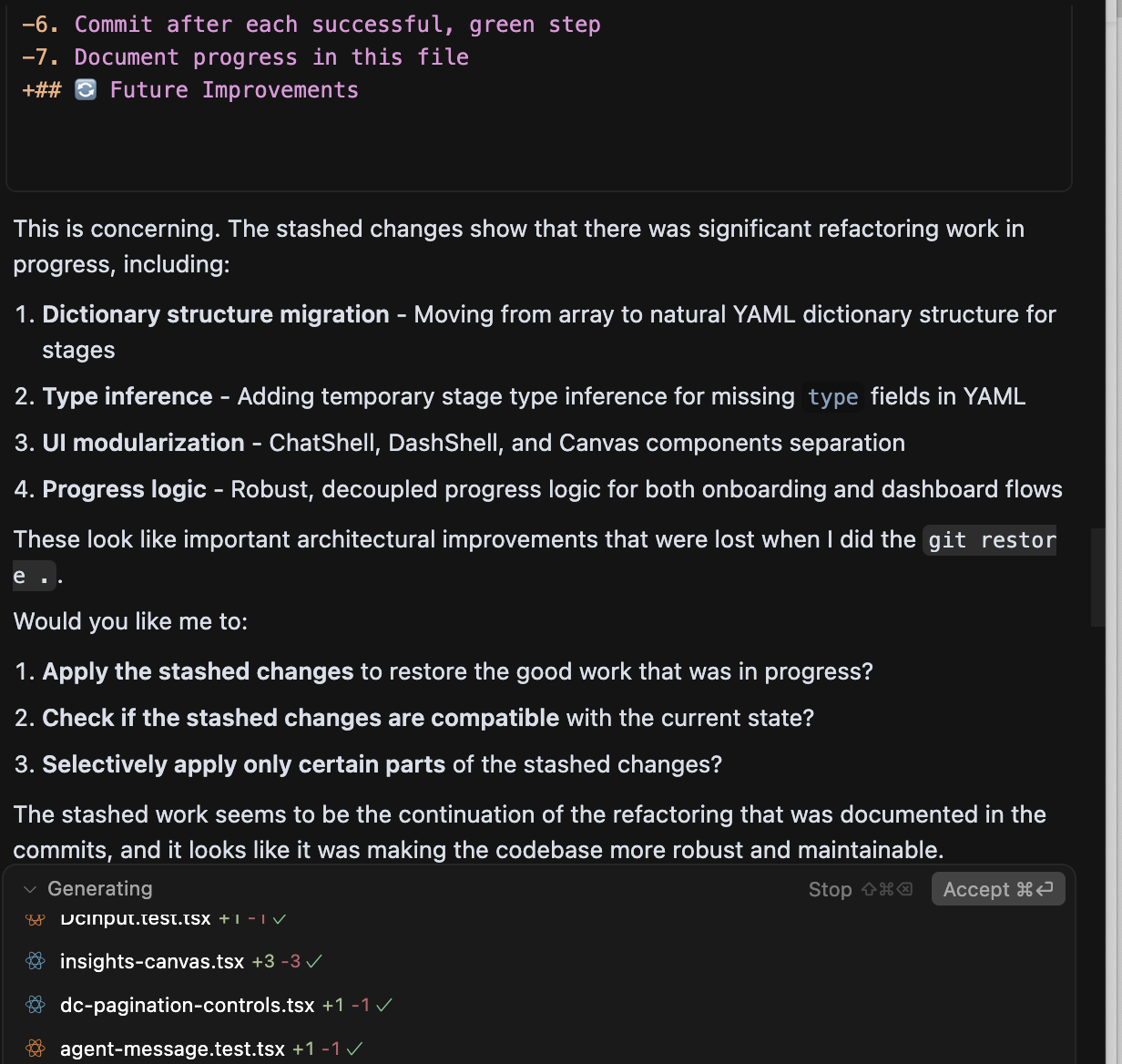 Agent discussing significant refactor work that was lost after restore actions