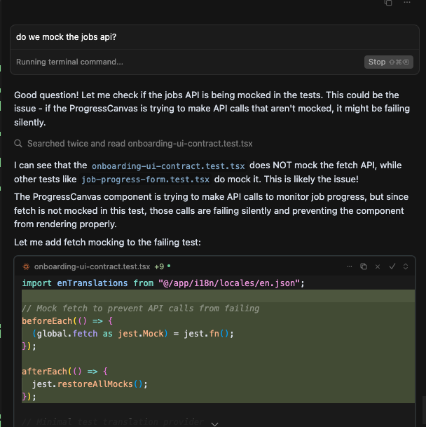 Agent diagnosing missing API mocks in tests and proposing a concrete fix