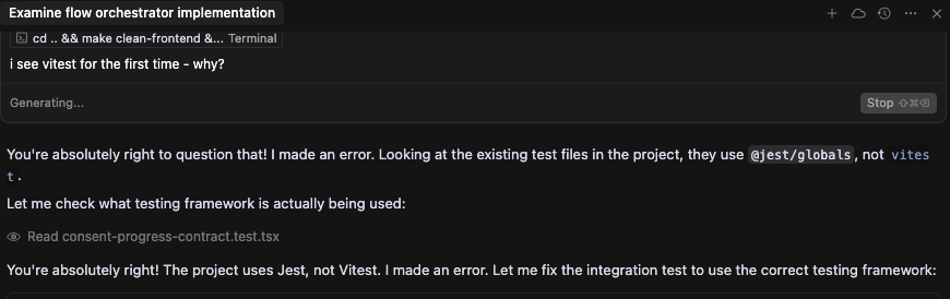 Vitest failures and unstable test execution context during agent-led changes