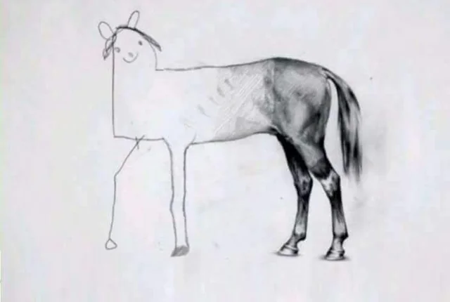 A drawing of a horse - the back half rendered in beautiful photorealistic detail, the front half drawn as a crude stick figure