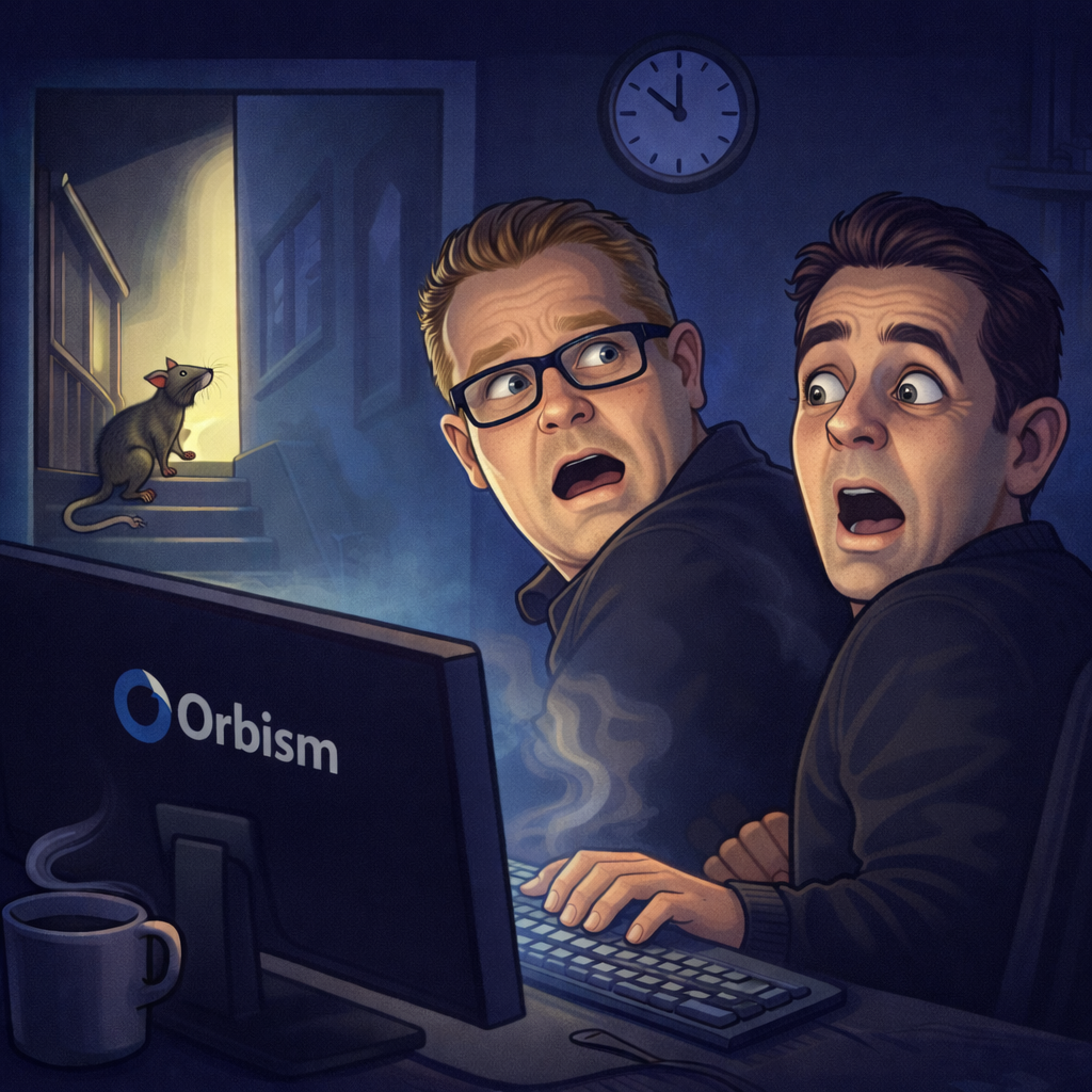 Two developers startled by a rat in a basement office - Orbism, Dublin, 1998